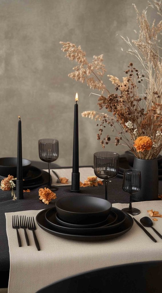 Minimalist black and beige table setting with dried florals and tapered candles.