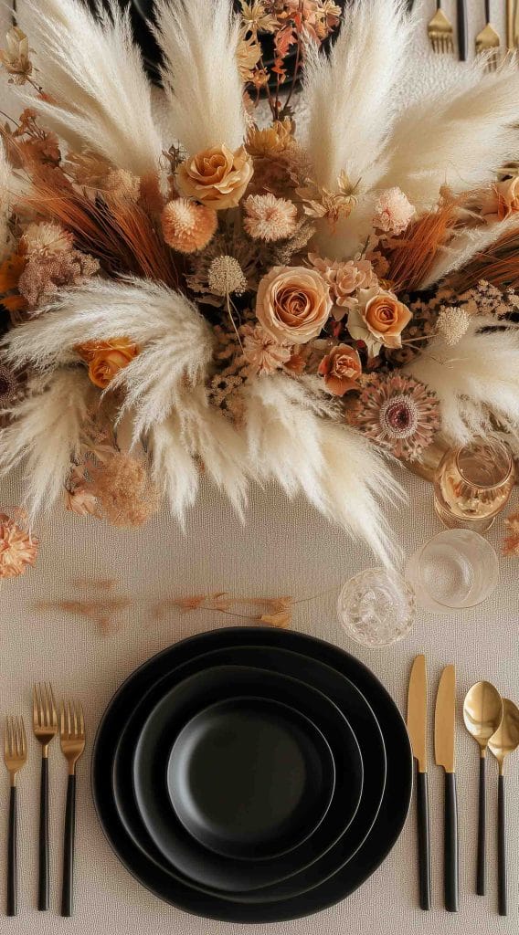 Table setting with pampas grass, beige roses, dried florals, and black dinnerware.