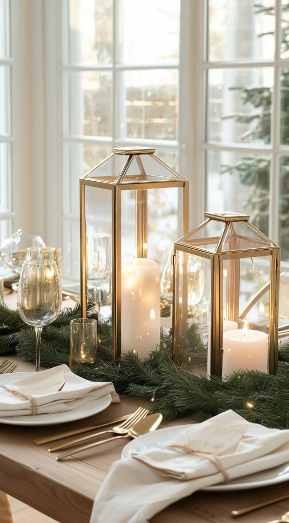 Gold lantern centerpiece with evergreen garland and candles on a holiday table.