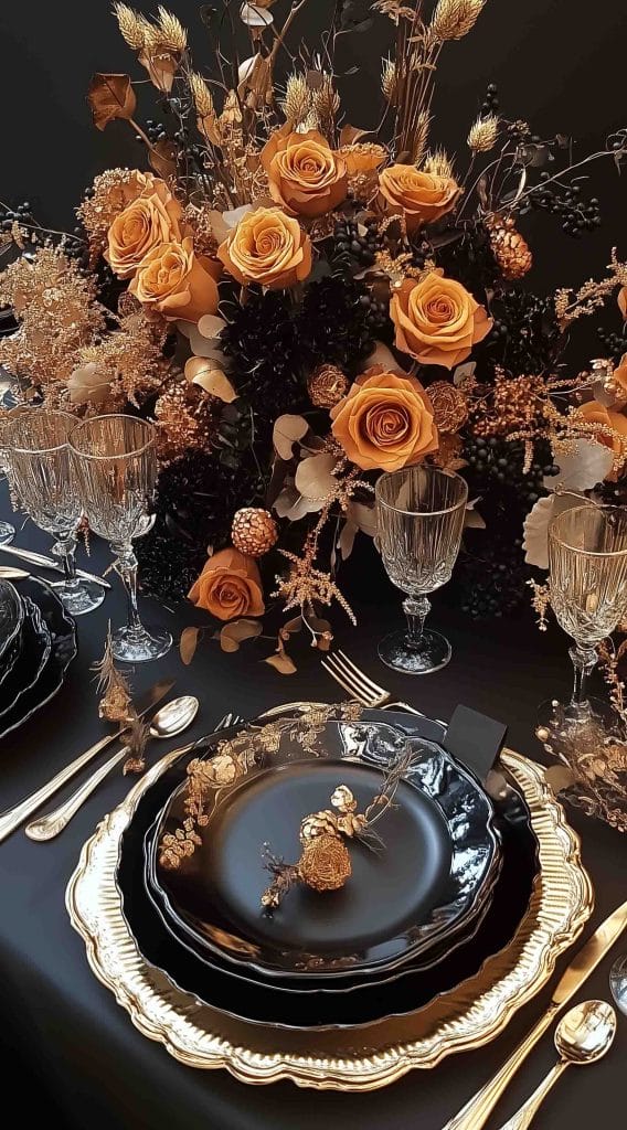 Black and gold table setting with golden roses, dried foliage, and crystal glassware.