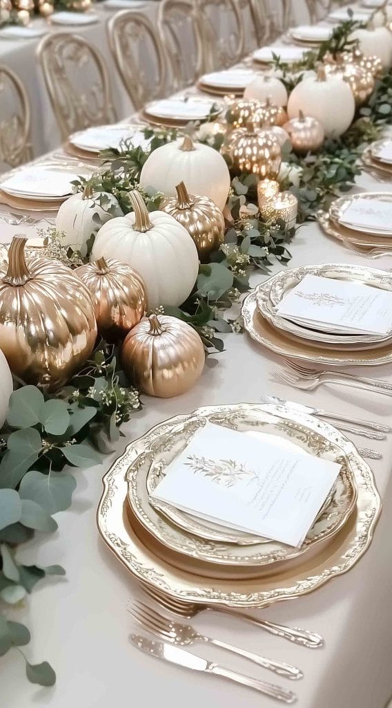 Elegant table setting with white and gold pumpkins, greenery, and gold-rimmed plates.