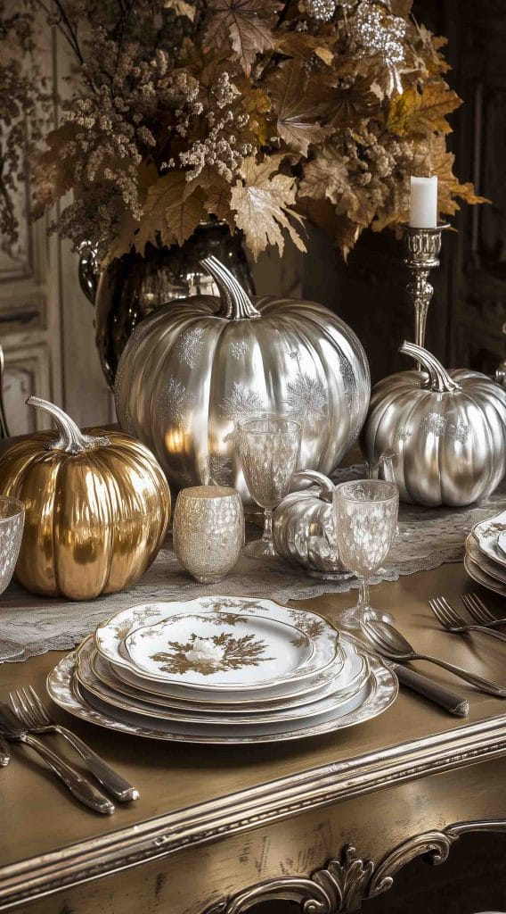 Silver and gold pumpkin table decor with antique china and crystal glassware.