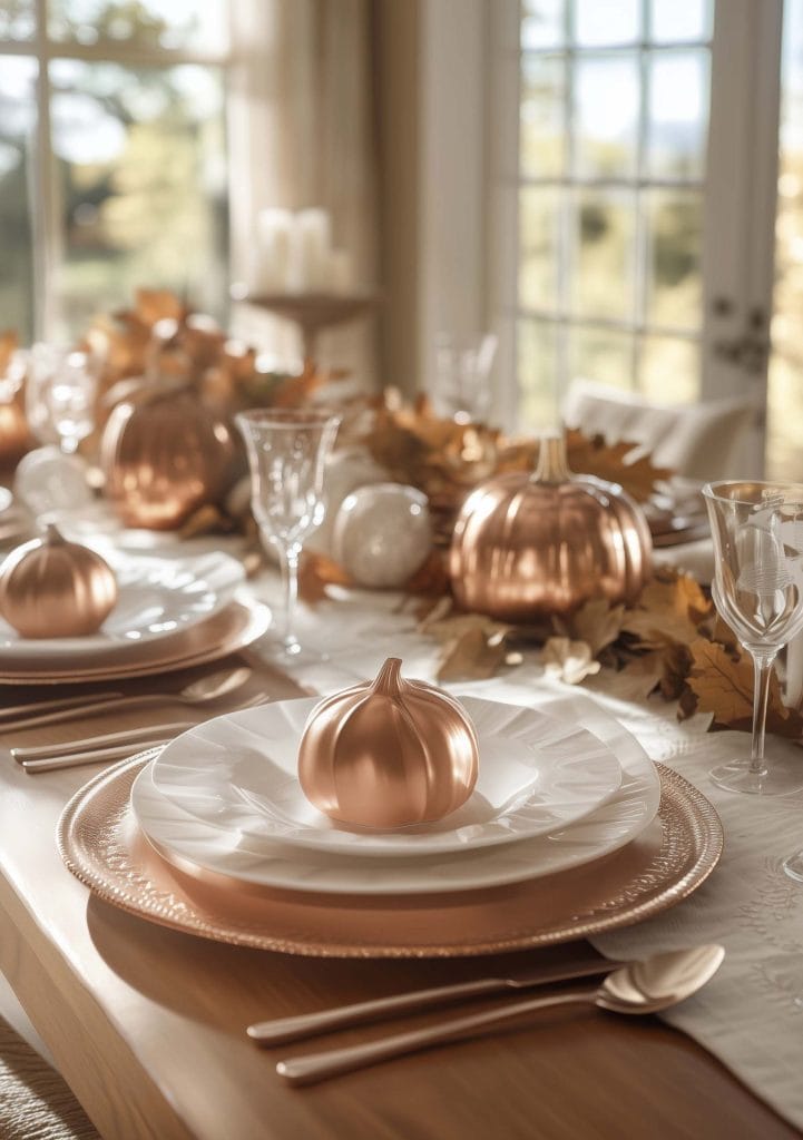 Copper-accented table setting with mini pumpkins, white plates, and autumn leaves.