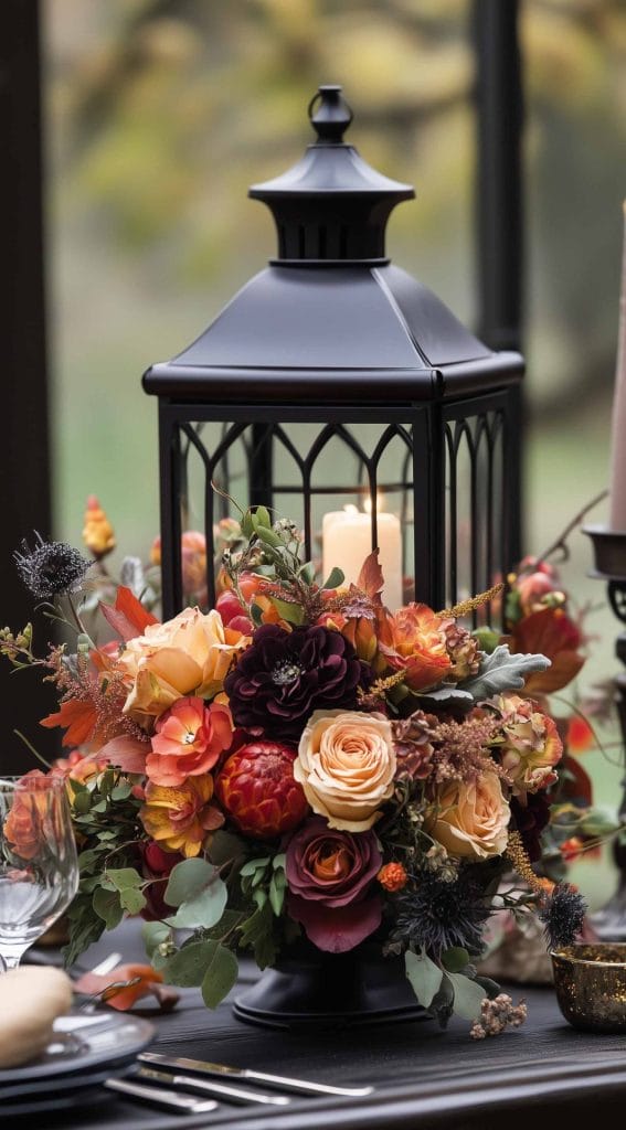 Black lantern centerpiece with autumn florals in burgundy, orange, and peach.