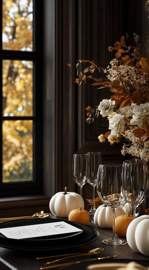 Minimalist fall-inspired table setting with white pumpkins, dried flowers, and gold utensils.