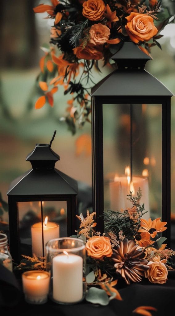 Black lanterns with autumn flowers and candlelight on a table.