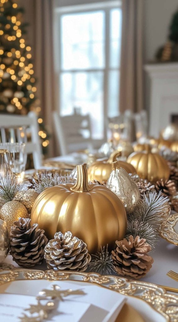 Gold pumpkins with frosted pine and pinecones on a Thanksgiving table.