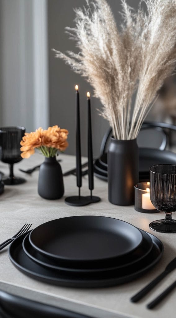 Modern black and beige table setting with pampas grass and black dinnerware.