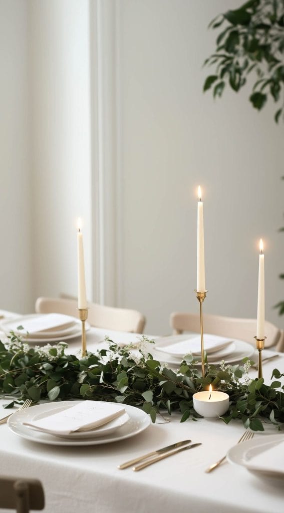 Minimalist Thanksgiving table setting with greenery and tapered candles.