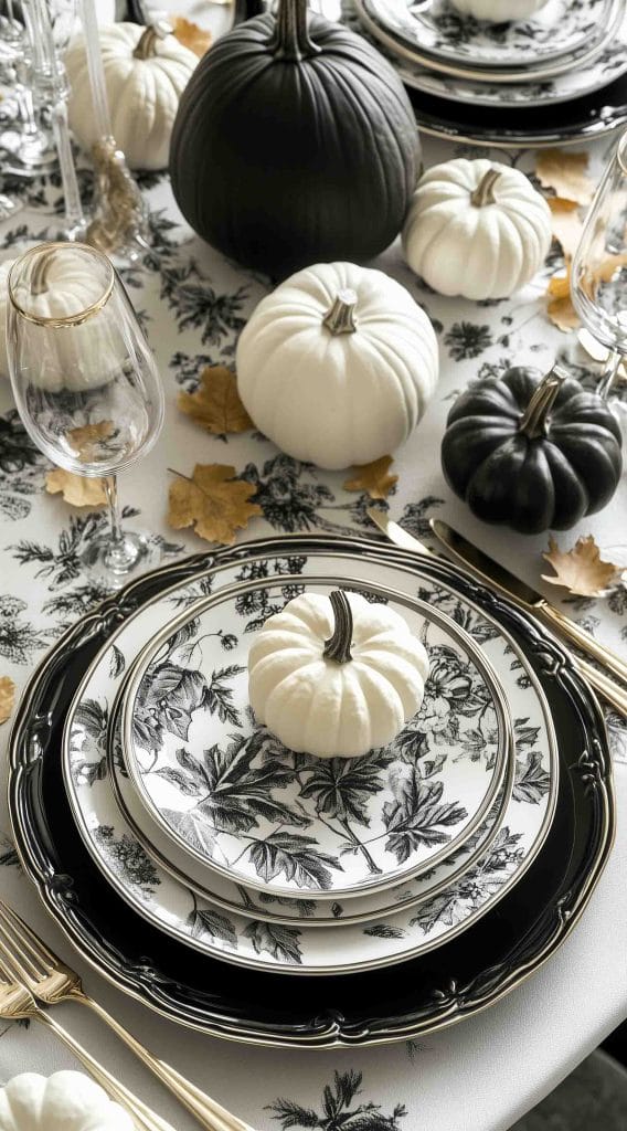 Black and white Thanksgiving table setting with botanical plates and decorative pumpkins.