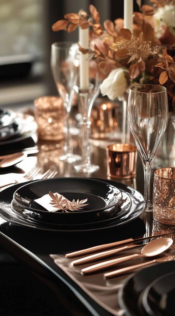 Black and rose gold table setting with candles and autumn foliage.