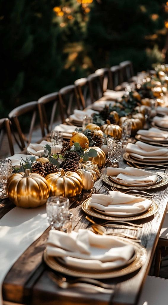 Outdoor table setting with golden pumpkins, pinecones, and greenery.