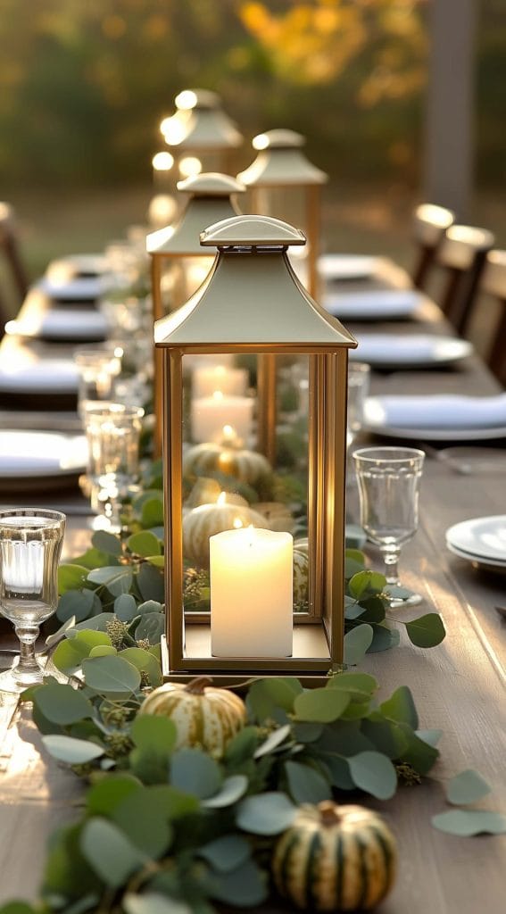 Table setting with lantern centerpieces, greenery, and decorative gourds.