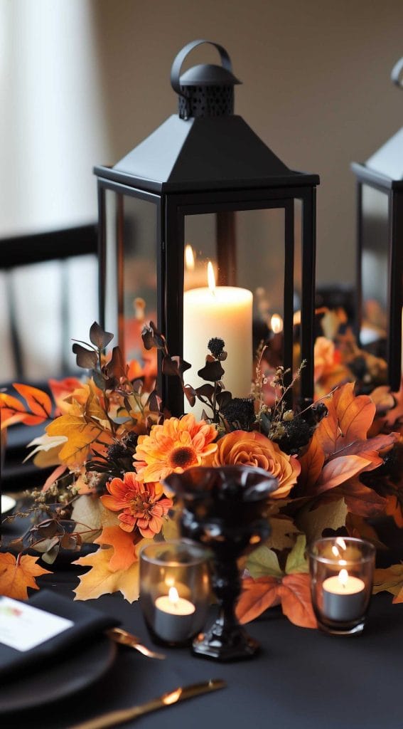 Black lantern centerpiece with autumn florals and candles