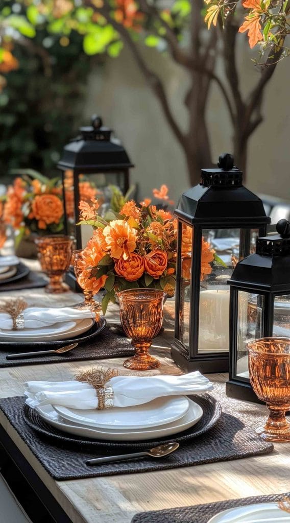 Table setting with orange florals, black lanterns, and amber glassware.