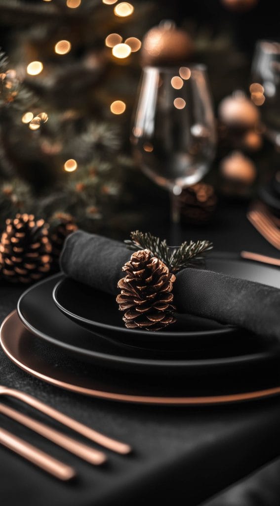 Black and copper table setting with pinecone napkin holder and pine sprigs.