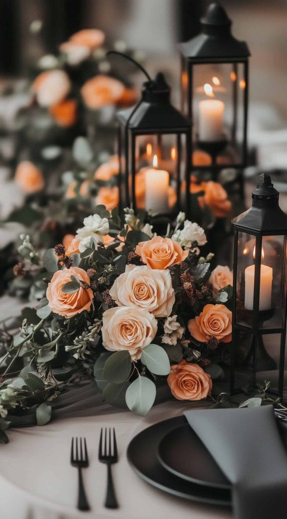 Table setting with peach roses, greenery, and black lanterns with candles.