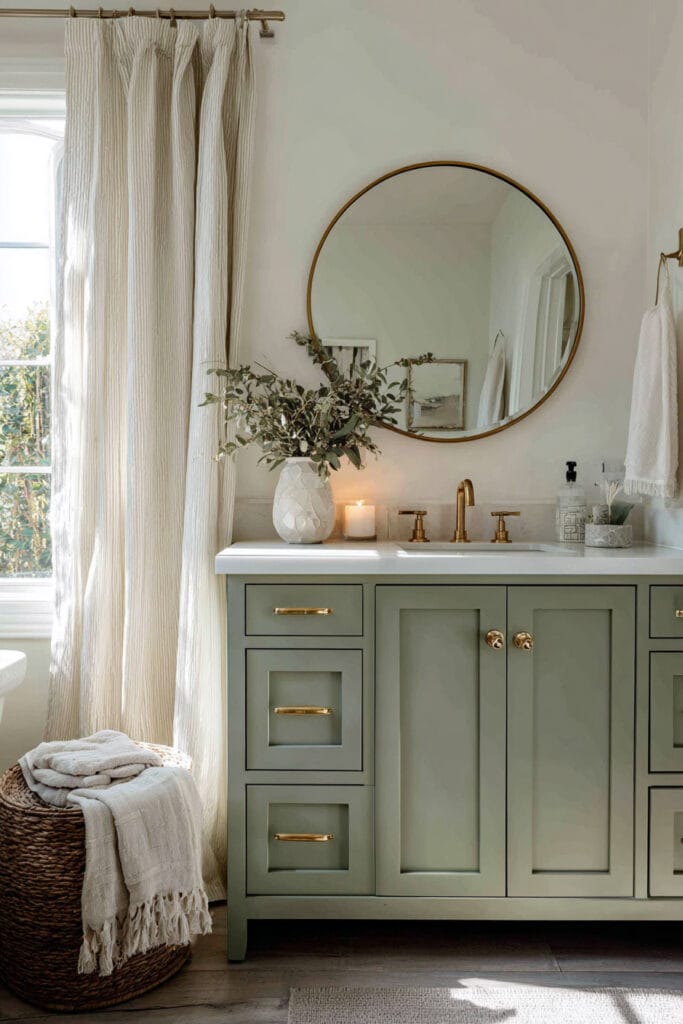 Sage green bathroom vanity with gold hardware, round mirror, and neutral decor accents in a cozy light-filled space.