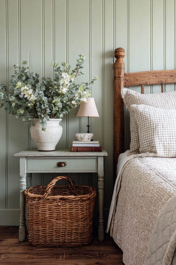 Cozy sage green bedroom with linen bedding, layered neutral pillows, natural wood bed frame, and woven jute rug.