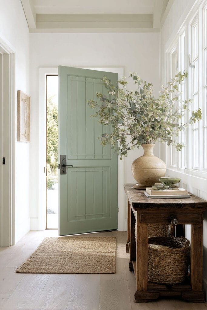Sage green front door with rustic wood console table and large vase of greenery in a bright entryway with natural light.