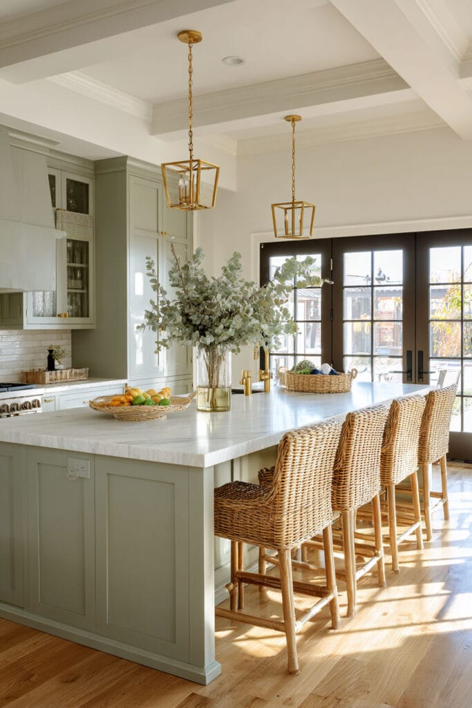 Sage green kitchen with marble island, rattan barstools, brass pendant lights, and natural light from French doors.