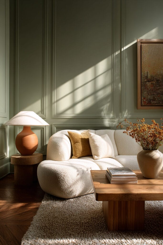 Sage green living room with white boucle sofa, mustard pillows, terracotta lamp, wood coffee table, and natural sunlight.