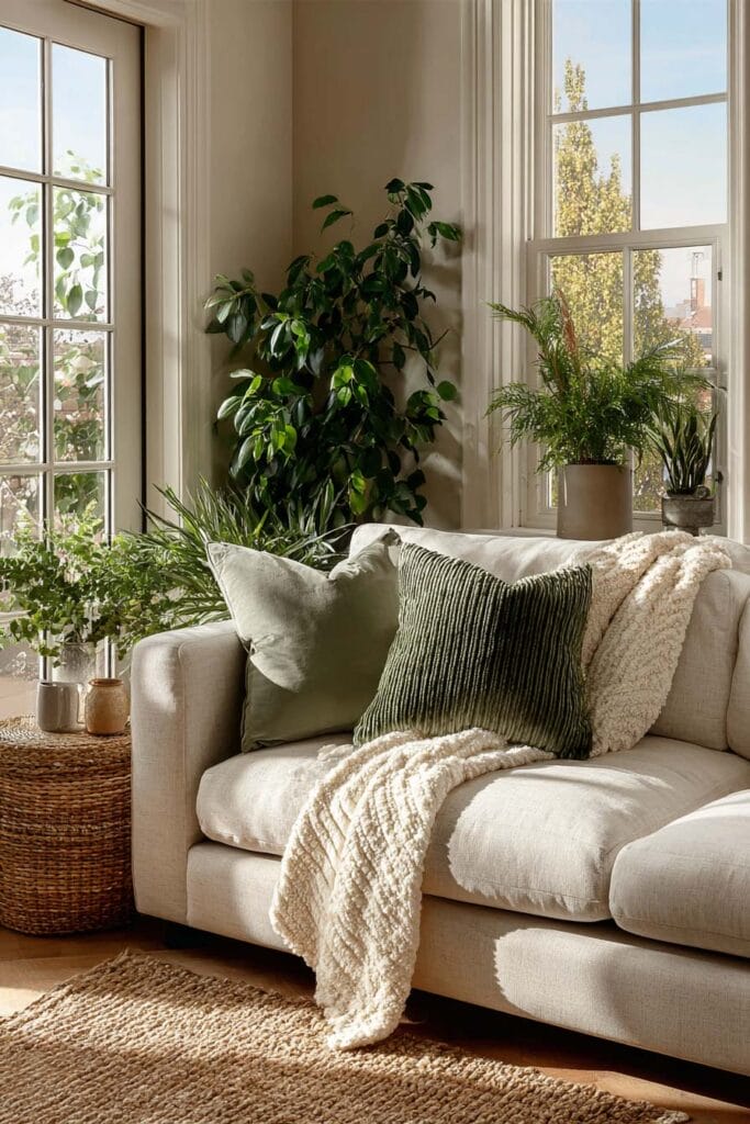 Neutral living room with sage green throw pillows, indoor plants, beige sofa, and woven textures for a cozy, natural look.