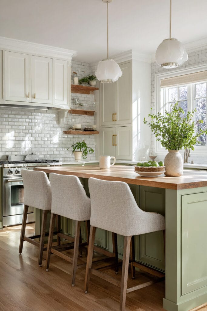 Farmhouse kitchen with sage green island, white cabinets, subway tile backsplash, brass hardware, and wood countertops.