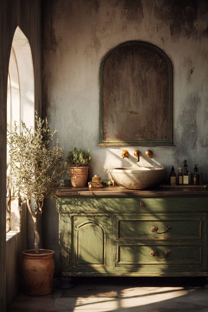 Rustic sage green bathroom vanity with antique mirror, gold accents, and Mediterranean-inspired decor.