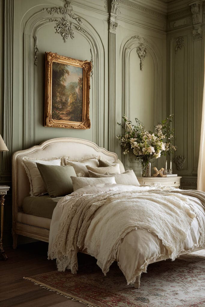 Elegant sage green bedroom with ornate paneling, cream upholstered bed, lace bedding, gold frame artwork, and fresh flowers.