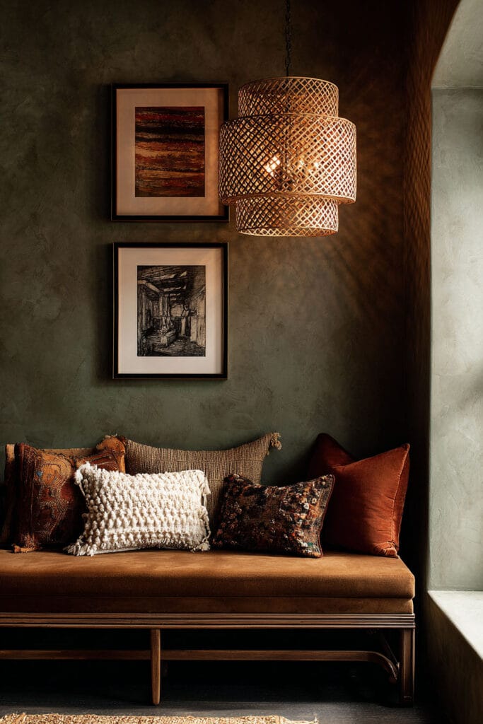 Sage green entryway with woven pendant light, wooden bench, rust and ivory pillows, and framed wall art.
