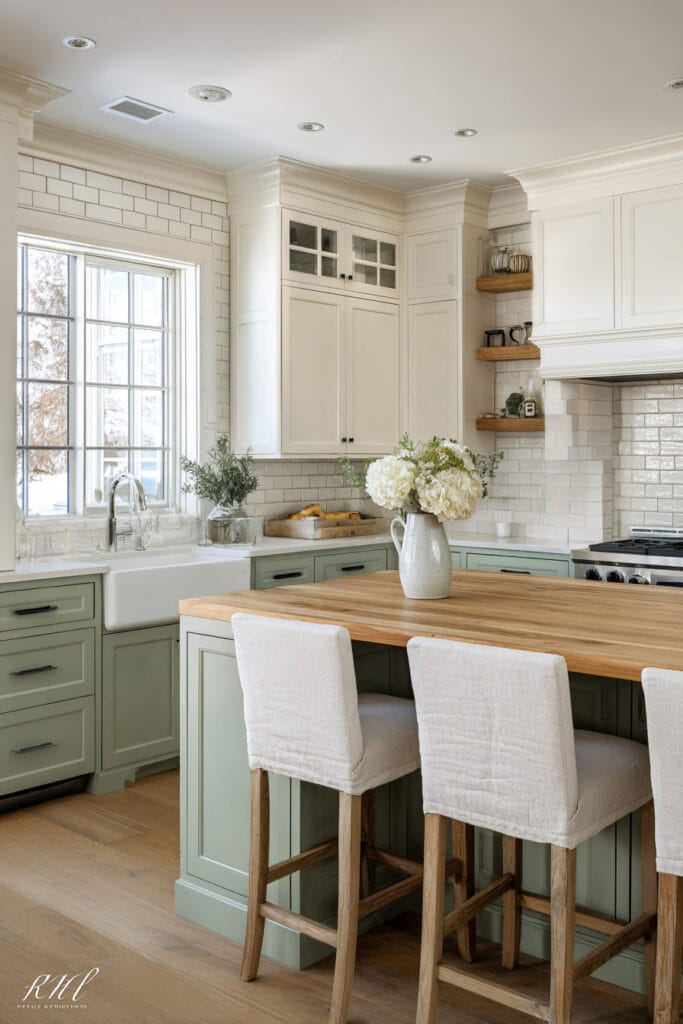 Farmhouse kitchen with sage green lower cabinets, white upper cabinets, butcher block island, subway tile, and farmhouse sink.