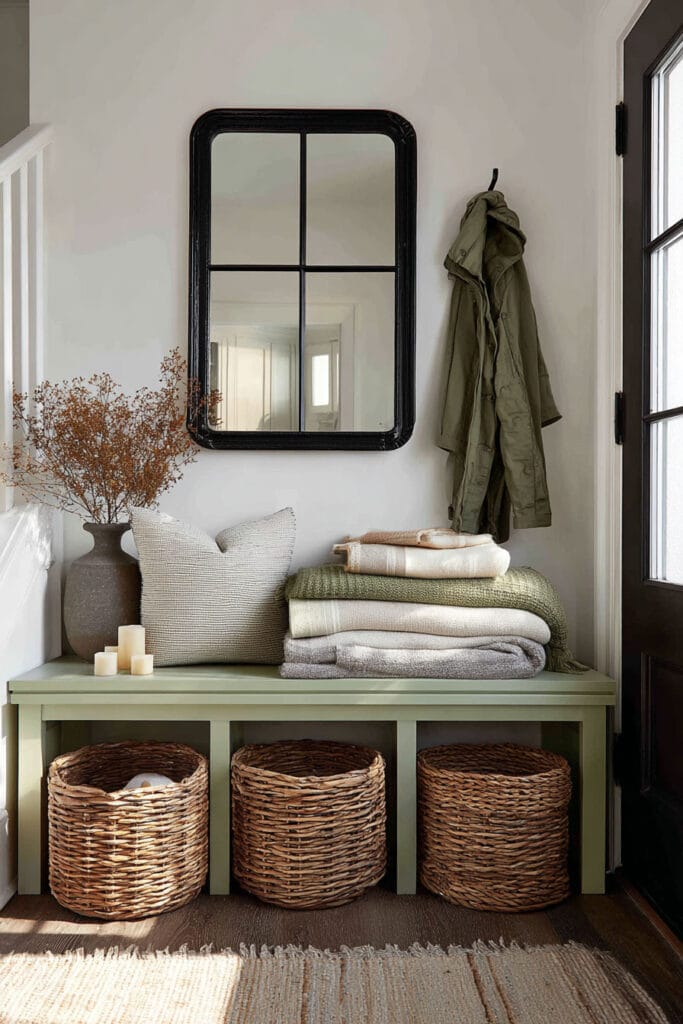 Sage green entryway bench with woven storage baskets, folded throws, black framed mirror, and cozy decorative accents.