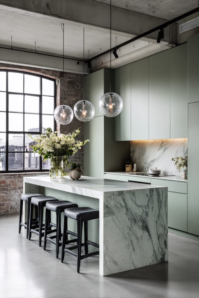 Contemporary loft kitchen with sage green cabinets, marble waterfall island, exposed brick wall, and glass pendant lights.