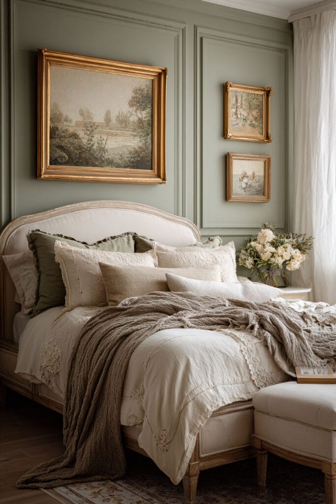 Romantic sage green bedroom with vintage artwork, tufted bed, layered bedding, knit throw, and fresh flowers.