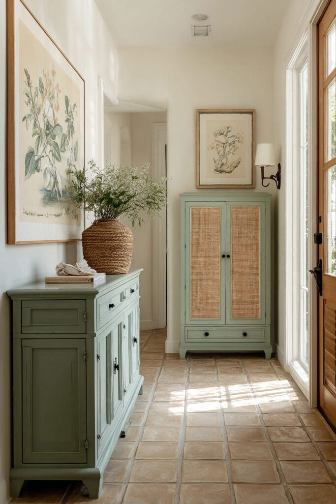Sage green entryway cabinets with cane doors, botanical wall art, terracotta tile floor, and woven vase with greenery.