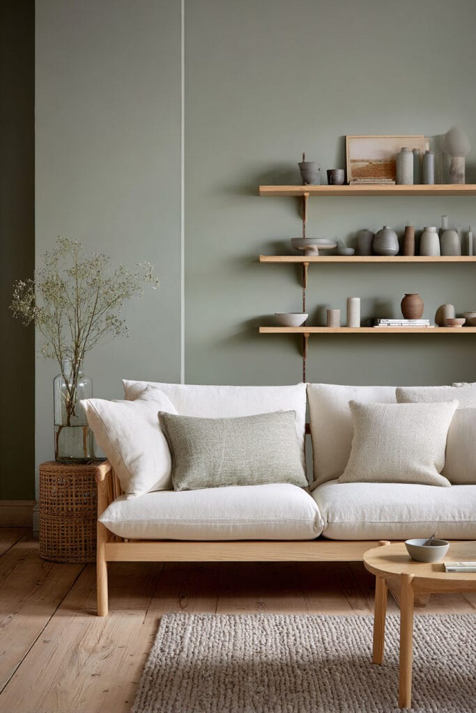 Minimalist Scandinavian living room with sage green walls, natural wood furniture, white sofa, and neutral decor.
