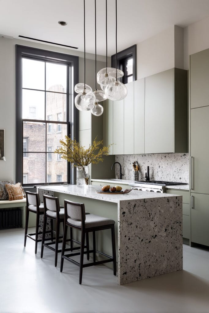 Modern kitchen with sage green cabinets, terrazzo waterfall island, black-trimmed windows, and glass pendant lighting.
