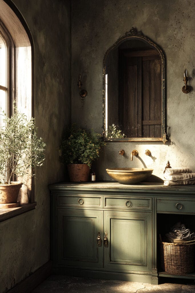 Rustic sage green bathroom vanity with vessel sink, gold fixtures, and terracotta decor.