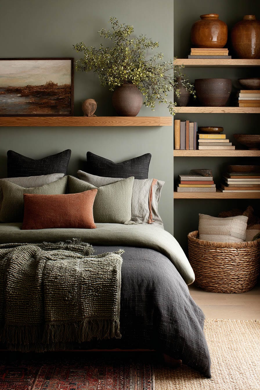 Sage green bedroom with earthy color palette, layered pillows, rustic wood shelves, pottery, and woven baskets.