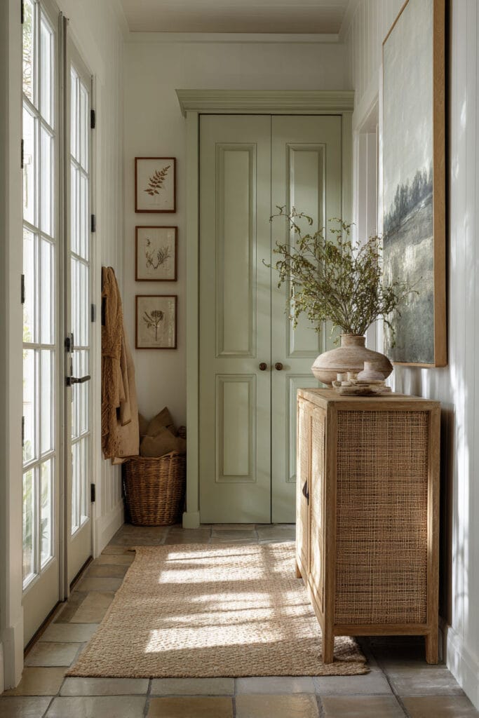 Sage green entryway with paneled doors, cane cabinet, botanical wall art, textured rug, and ceramic vase with greenery.