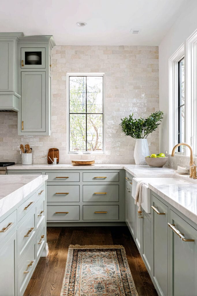 Sage green kitchen with marble countertops, zellige backsplash, brass hardware, vintage rug, and natural light.