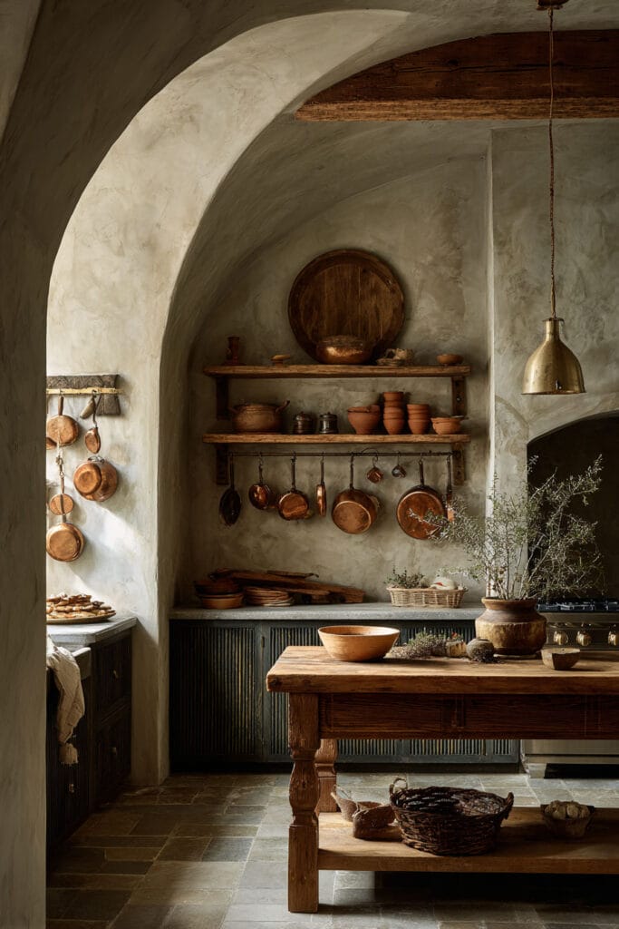 Old-world kitchen with sage green cabinets, rustic stone walls, copper pots, arched ceiling, and wood farmhouse table.