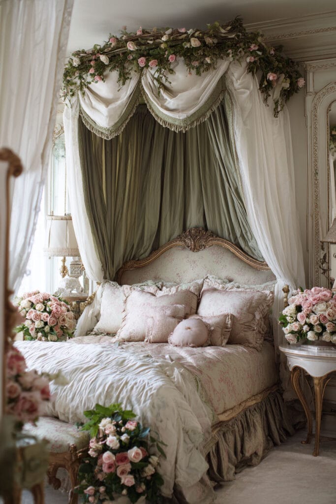Romantic sage green bedroom with canopy bed, floral drapery, ornate headboard, and blush pink bedding.