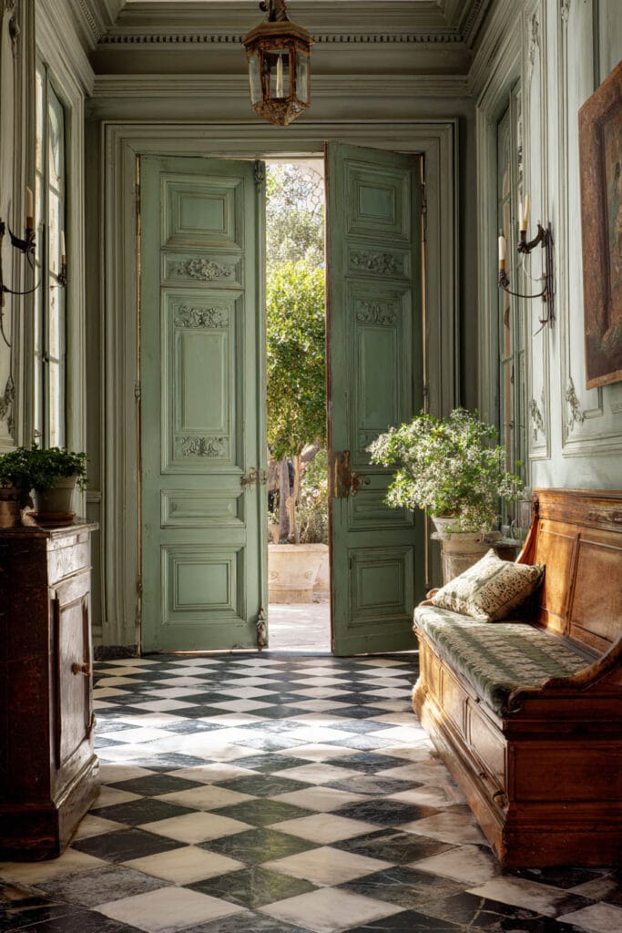 Elegant entryway with sage green double doors, checkerboard marble floors, vintage wood bench, and potted greenery.