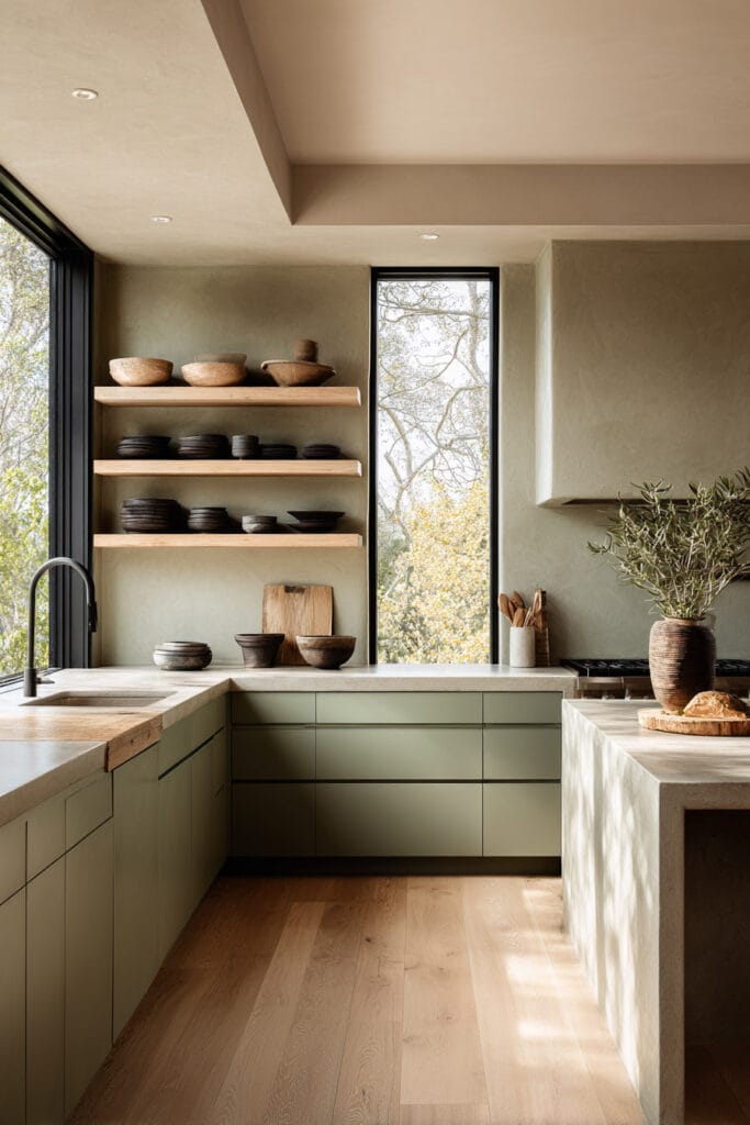 Minimalist sage green kitchen with flat-front cabinets, wood open shelving, stone countertops, and large windows.