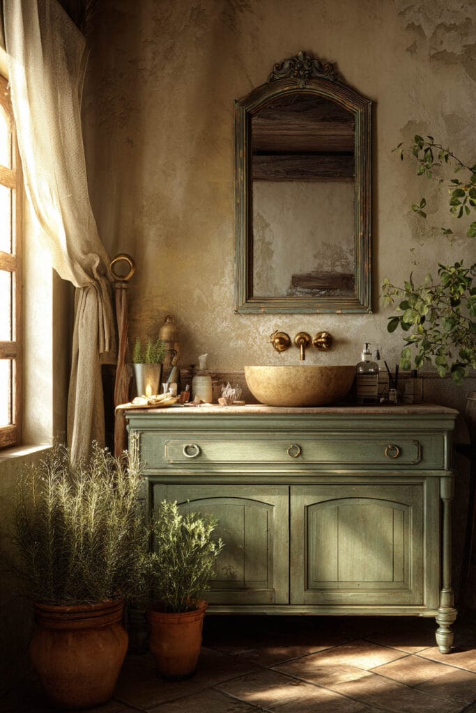 Rustic sage green vanity with stone sink, gold fixtures, and Mediterranean bathroom decor.