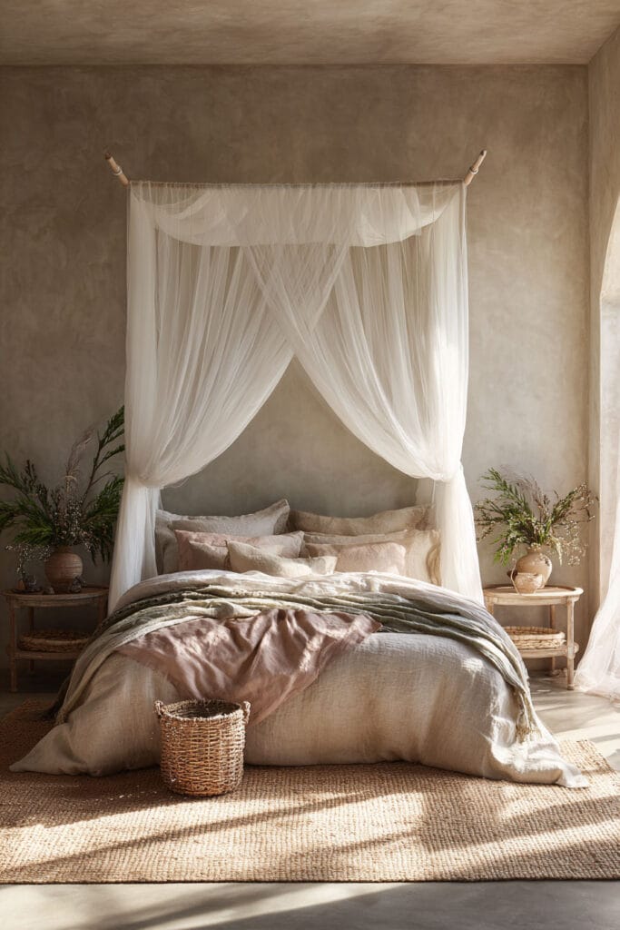 Sage green bedroom with sheer canopy bed, linen bedding, woven rug, rustic side tables, and clay vases.