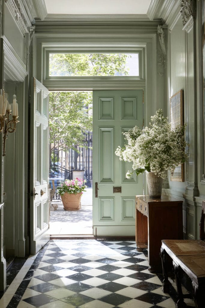 Sage green entryway with paneled double doors, checkerboard floors, vase of white flowers, and antique wood console.