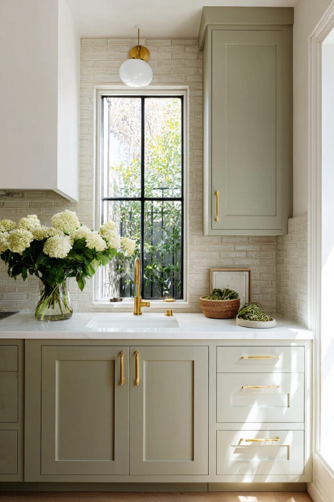 Sage green kitchen with marble countertop, brass hardware, hydrangeas, woven accents, and black-trimmed window.
